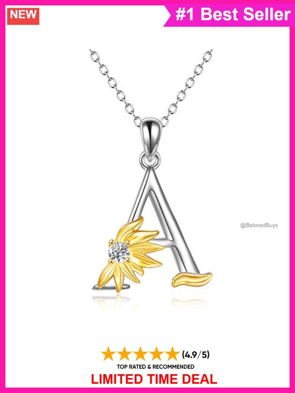 925 Sterling Silver Sunflower Initial Pendant Necklace CZ 18in